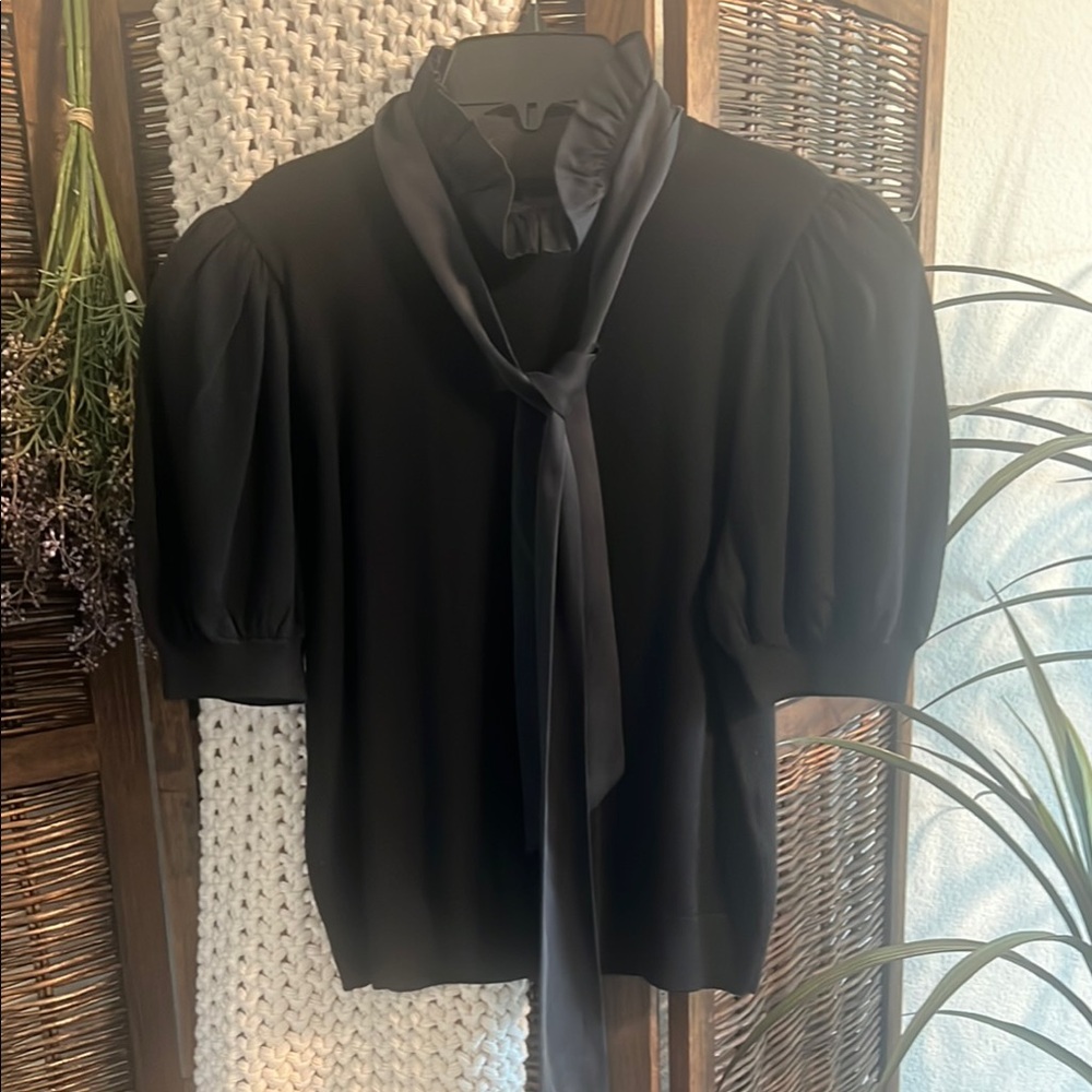 Alice + Olivia Black Puffy Sleeve Tie Front Blouse